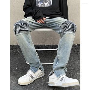 Jeans pour hommes Pantalons fendus à glissière droite 2023 Automne et hiver Américain High Street Couture Plis Hommes