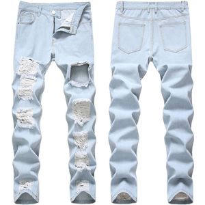 Jeans pour hommes Strechy Mens Slim Fit Broken Moto Skinny Light Blue Denim Pantalon détaillé Street Style Troursers309t