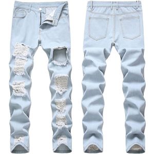 Jeans masculinos Strechy Mens Slim Fit Quebrado Motocicleta Skinny Light Blue Denim Calças Detalhado Estilo de Rua Troursers3107