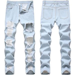 Jeans para hombres Strechy Mens Slim Fit Broken Motorcycle Skinny Light Blue Denim Pantalones Detallados Street Style Troursers188I