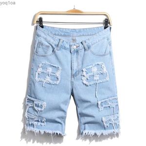 Heren jeans straatkleding zomer heren oogje patchwork denim shorts modieuze solide heren casual rechte jeans vijfpunt pantsl2404