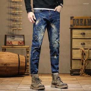 Jeans pour hommes Street Design Moto Déchiré Broderie Patch Couture Splash-Ink Tendance Slim Fit Pantalon Rétro
