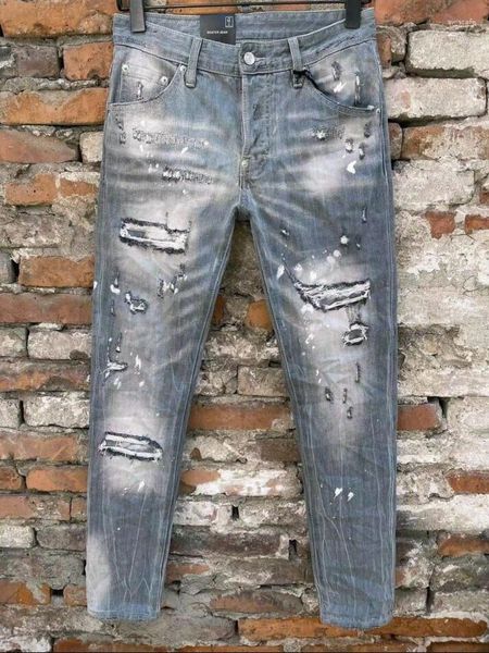 Jeans para hombres Street Fashion C033 # Marca italiana Top Flow Casual Hole Patch Algodón Azul-Gris Denim Tamaño 44-54 Ropa para hombres