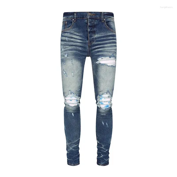 Jeans pour hommes Street Fashion Designer Hommes Bleu Foncé Stretch Boutons Pantalon Patché Skinny Ripped Hip Hop Marque Pantalon Hombre