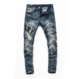 Jeans pour hommes Street Fashion Designer Hommes Rétro Bleu Clair Stretch Zipper Pantalon Patché Skinny Ripped Hip Hop Marque Pantalon 8304