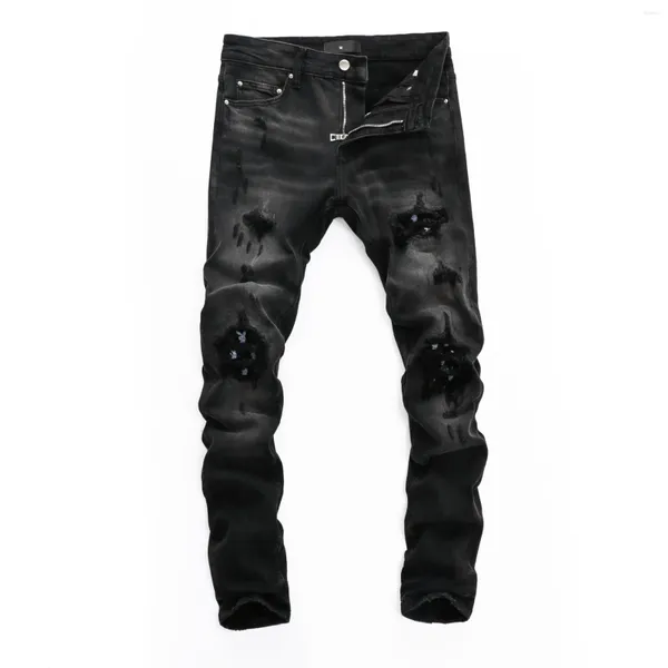 Jeans para hombres Street Fashion Designer Hombres Retro Lavado Negro Pantalones elásticos Parcheados Flacos Rasgados Hip Hop Pantalones de marca 8361