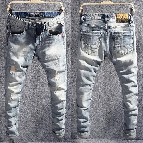 Jeans para hombres Street Fashion Designer Hombres Retro Light Blue Stretch Slim Fit Ripped Patched Vintage Casual Denim Pantalones Hombre