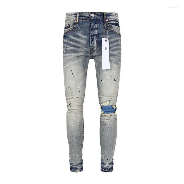 Jeans pour hommes Street Fashion Designer Violet Rétro Lavé Bleu Stretch Skinny Fit Peint Ripped Hommes Patché Hip Hop Marque Pantalon