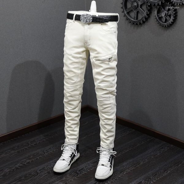 Jeans pour hommes Street Fashion Hommes Beige Blanc Élastique Stretch Skinny Fit Spliced Biker Patché Zipper Poche Designer Hip Hop Pantalon