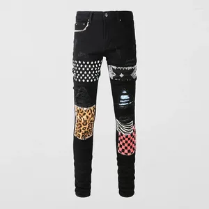 Jeans para hombres Street Fashion Men Color Negro Elástico Slim Fit Parcheado Ripped Impreso Diseñador Hip Hop Denim Brand Pantalones Hombre