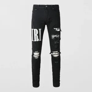 Jeans voor heren Street Fashion heren zwarte elastische stretch skinny fit gescheurd wit leer gepatcht designer hiphop merkbroek