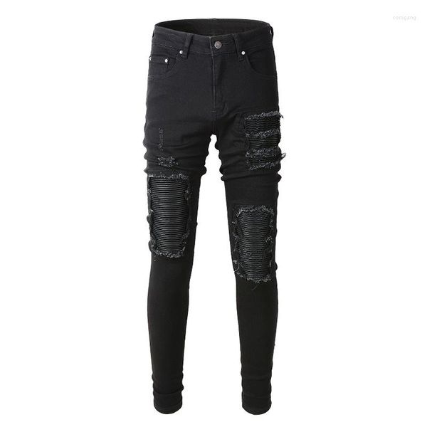 Jeans pour hommes mode de rue hommes noir Slim Fit Stretch déchiré Punk pantalon en cuir Patch concepteur Hip Hop marque pantalon Hombre