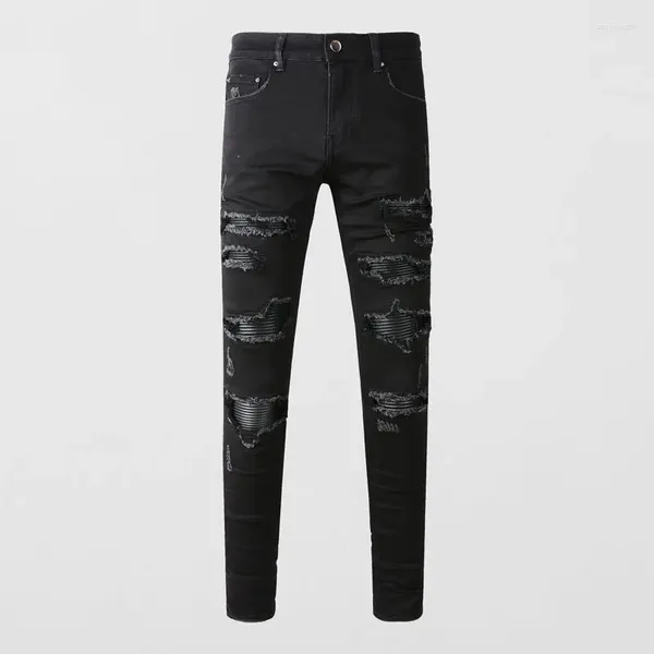 Herren Jeans Street Fashion Männer Schwarz Stretch Skinny Fit Ripped Punk Hose Leder gepatcht Designer Hip Hop Marke Hosen