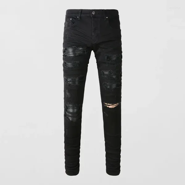 Jeans pour hommes Street Fashion Hommes Boutons Noir Stretch Skinny Ripped Cuir Patché Designer Hip Hop Marque Pantalon Hombre