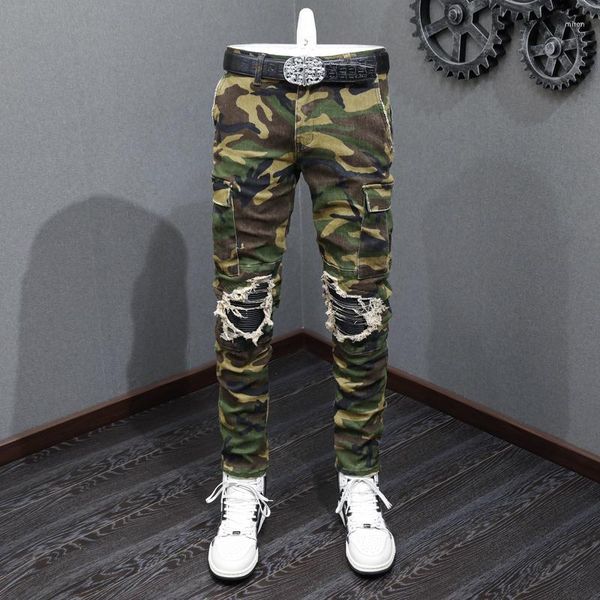 Jeans Mode Street Fashion de los jeans masculinos Camuflage elástico Slim Reped Big Pocket Diseñador de cuero Patbre de la marca Hip Hop Hip Hop Hombre