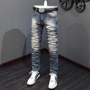 Jeans pour hommes Street Fashion Hommes Haute Qualité Rétro Lavé Bleu Élastique Stretch Slim Fit Ripped Patch Designer Vintage Pantalon