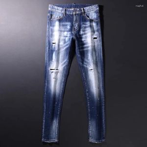Heren jeans straat mode mode mannen van hoge kwaliteit retro blauw gewassen elastische slanke gescheurde vintage designer merk broek hombre