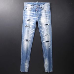 Heren jeans street mode mode mannen hoogwaardige retroblue stretch slank fit gescheurde geschilderde ontwerper hiphop merk broek