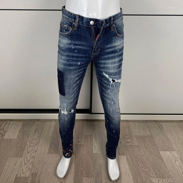 Jeans para hombres Street Fashion Hombres de alta calidad Retro Blue Stretch Skinny Fit Ripped Bordado Diseñador Hip Hop Marca Pantalones