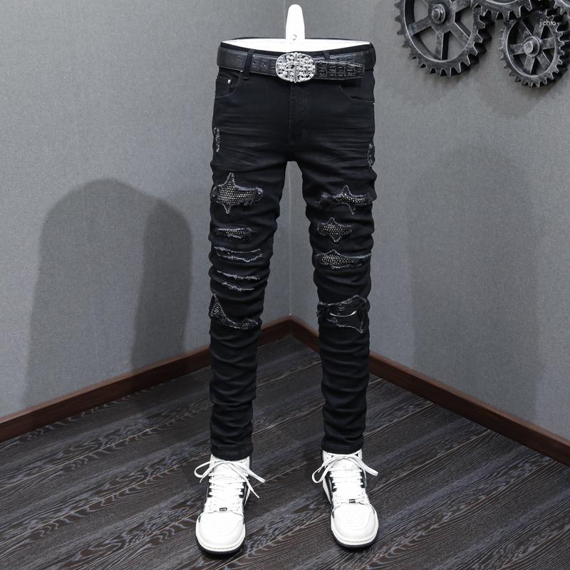Maschile jeans street fashion maschi di alta qualità tratto nero magro ridotto di perline patched designer hip hop brand pantaloni hombre
