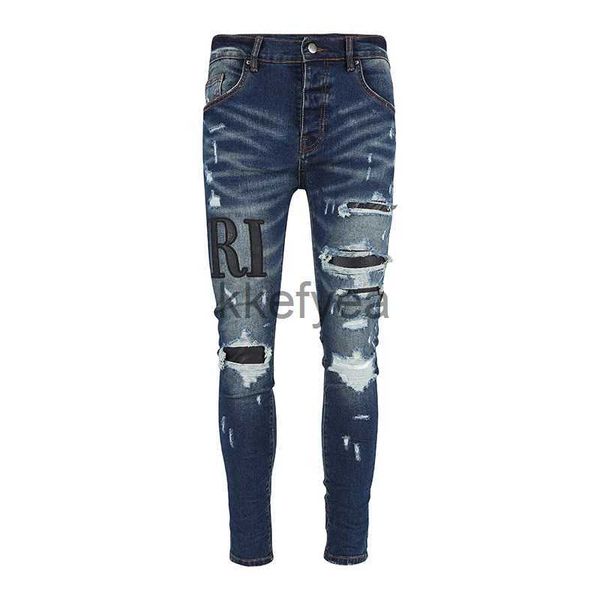 Jeans para hombres Street Fashion Men Jeans Dark Blue Elásticos Ripped Jeans Hombres Stretch Flacos Pantalones Marca Parche Diseñador Hip Hop Pantalones Hombre J231206