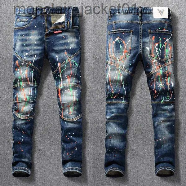 Jeans para hombres Moda de calle Jeans para hombres Retro Azul Stretch Slim Fit Pintados Jeans rasgados Hombres Empalmados Diseñador Hip Hop Denim Biker Pantalones Hombre J231006