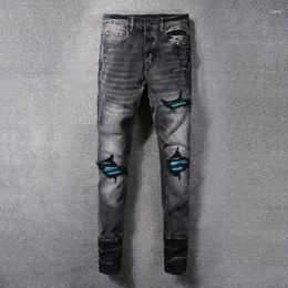 Jeans pour hommes Street Fashion Hommes Rétro Noir Gris Stretch Skinny Fit Ripped Bleu Cuir Patché Designer Hip Hop Marque Pantalon