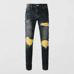 Jeans pour hommes Street Fashion Hommes Rétro Noir Bleu Stretch Skinny Ripped Jaune Cuir Patché Designer Hip Hop Marque Pantalon