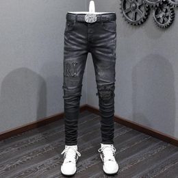 Herenjeans Street Fashion Heren Retro Zwart Grijs Elastisch Stretch Skinny Fit Gescheurde Kralen Patch Designer Hip Hop Merkbroek