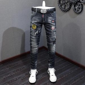 Jeans pour hommes Street Fashion Hommes Rétro Noir Gris Élastique Slim Ripped Vintage Pantalon Patchs Designer Hip Hop Pantalon Hombre