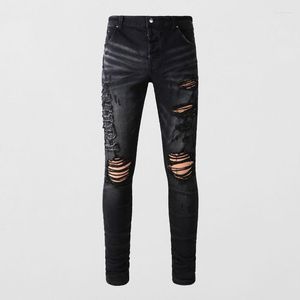 Jeans pour hommes mode de rue hommes rétro noir gris Stretch maigre déchiré broderie Patch concepteur Hip Hop marque pantalon Hombre