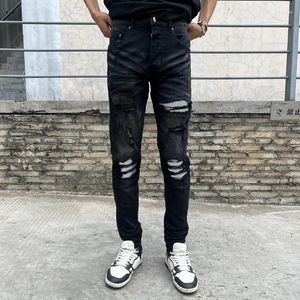 Jeans pour hommes Street Fashion Hommes Rétro Noir Gris Stretch Skinny Fit Ripped Blanc Cuir Patché Designer Hip Hop Marque Pantalon