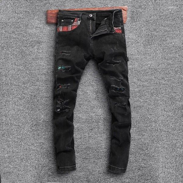 Jeans para hombres Street Fashion Hombres Retro Negro Gris Estiramiento Slim Fit Hole Ripped Patched Designer Hip Hop Denim Pantalones Hombre