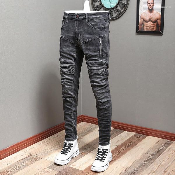 Hommes Jeans Street Fashion Hommes Rétro Noir Gris Élastique Slim Fit Spliced Designer Biker Homme Rides Patch Hip Hop Pantalon