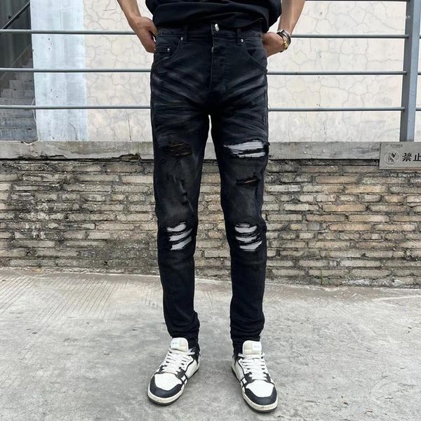 Jeans para hombres Street Fashion Hombres Retro Negro Gris Estiramiento Flaco Ajuste Ripped White Cuero Parcheado Diseñador Hip Hop Marca Pantalones