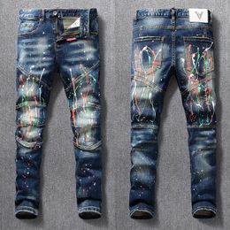 Jeans pour hommes Street Fashion Hommes Rétro Bleu Stretch Slim Fit Peint Ripped Spliced Designer Hip Hop Denim Biker Pantalon Hombre 230711