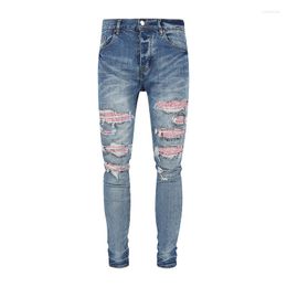 Jeans pour hommes mode de rue hommes rétro bleu Stretch maigre bouton déchiré rose perles patché concepteur Hip Hop marque pantalon