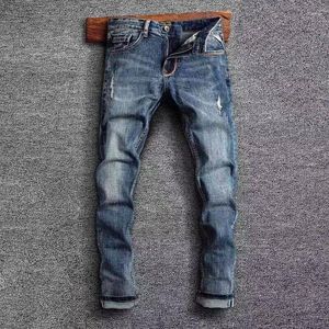 Jeans pour hommes Street Fashion Hommes Rétro Bleu Haute Qualité Stretch Droit Slim Fit Ripped Vintage Designer Denim Pantalon Hombre