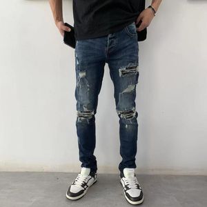 Jeans pour hommes Street Fashion Hommes Rétro Bleu Foncé Stretch Skinny Fit Bouton Déchiré En Cuir Patché Designer Hip Hop Marque Pantalon