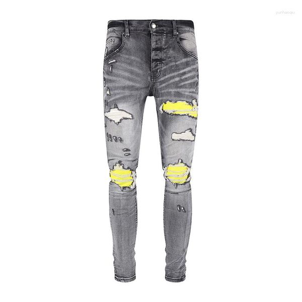 Jeans pour hommes street mode homme rétro gris élastique élastique skinny skinny enraciné le créateur patch hop pantalon hombre