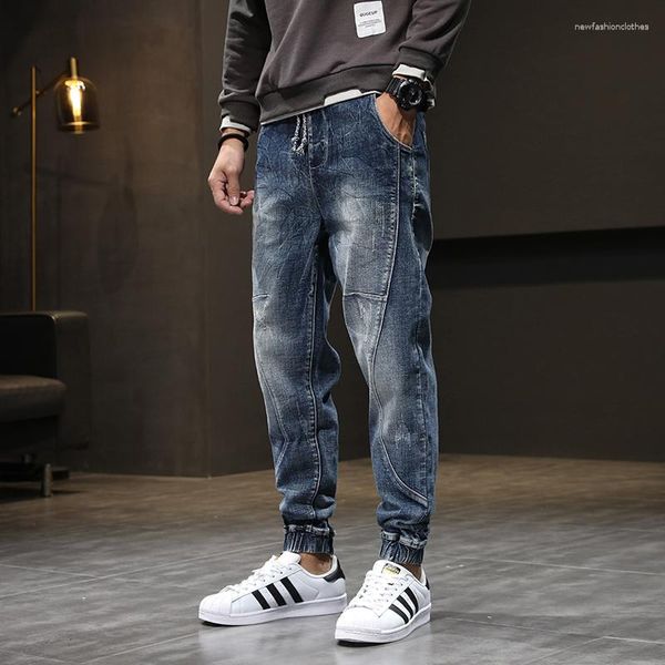 Jeans pour hommes mode de rue hommes rétro gris bleu élastique décontracté Denim Cargo pantalon Hombre épissé concepteur Hip Hop Joggers salopette