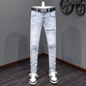 Jeans masculin street mode hommes rétro bleu clair extensible élastique skinny ajustement déchiré de pantalon de marque hip hop enracinée