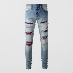 Jeans pour hommes mode de rue hommes rétro bleu clair élastique maigre déchiré rouge perles patché concepteur Hip Hop marque pantalon Homme