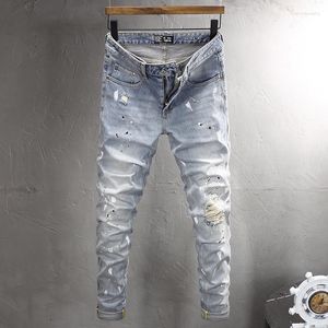 Heren Jeans Street Fashion Heren Retro Lichtblauw Elastische Stretch Slim Fit Ripped Painted Designer Hip Hop Denim Broek Hombre