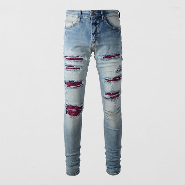 Pantalones vaqueros de los hombres Moda de la calle Hombres Retro Azul claro Elástico Flaco Rasgado Rebordear rojo Parcheado Diseñador Hip Hop Marca Pantalones Homme