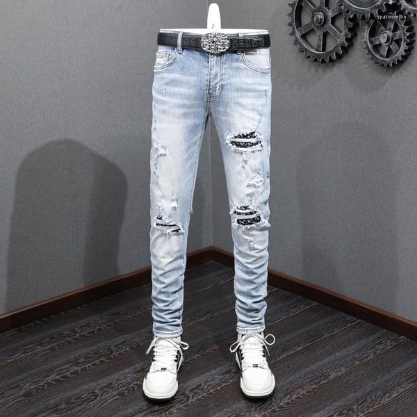 Pantalones vaqueros de los hombres Moda de la calle Hombres Retro Azul claro Elástico Estiramiento Flaco Rasgado Bandana Parcheado Diseñador Hip Hop Marca Pantalones