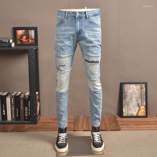 Jeans pour hommes mode de rue hommes rétro bleu clair épissé concepteur Slim déchiré Stretch pantalon Hip Hop patché pantalon Hombre