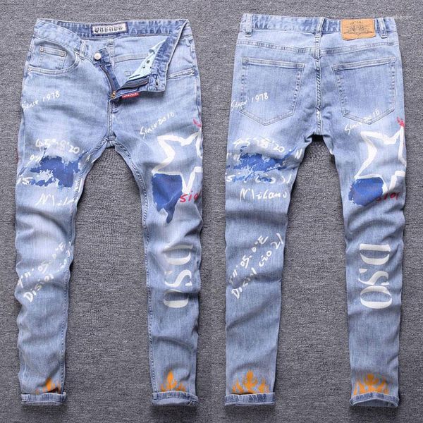 Jeans pour hommes Street Fashion Men Retro Light Blue Slim Fit Ripped Punk Pantaux Pantalons denim Hip Hop Imprimé Hombre Hombre