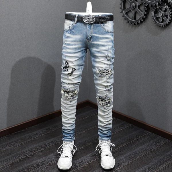 Jeans pour hommes Street Fashion Hommes Rétro Bleu Clair Plaine Lavé Stretch Skinny Ripped Marque Patch Designer Hip Hop Pantalon Hombre