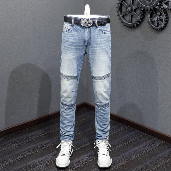 Jeans para hombres Street Fashion Men Retro Light Blue Stretch Slim Fit Empalmado Biker Parcheado Diseñador Hip Hop Denim Pantalones Hombre